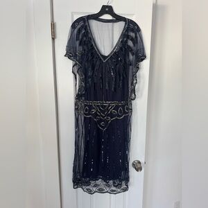Gatsby Lawn Party Navy Maxi Dress with Sequins, with underdress